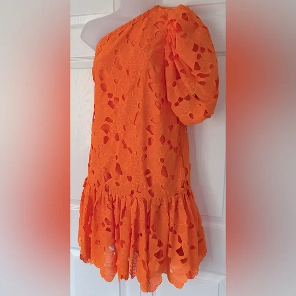 Zac Posen Dress Mini Floral Embroidered One-Shoulder Apricot Dress Size 4 - Picture 6 of 16